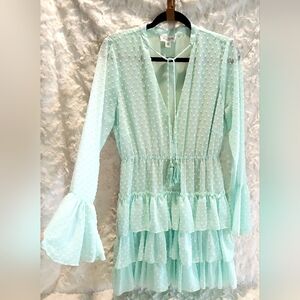 ALLISON NEW YORK Mint Swiss Dot TIERED BOHO Dress BELL Sleeve V-Neck RUFFLE sz M